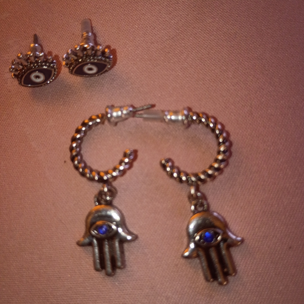 Silver Hamsa Earrings with Evil Eye Design